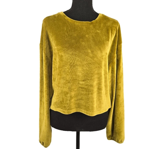 DOUBLE ZERO Velour Longsleeve Crewneck Olive Green Top - Picture 1 of 6